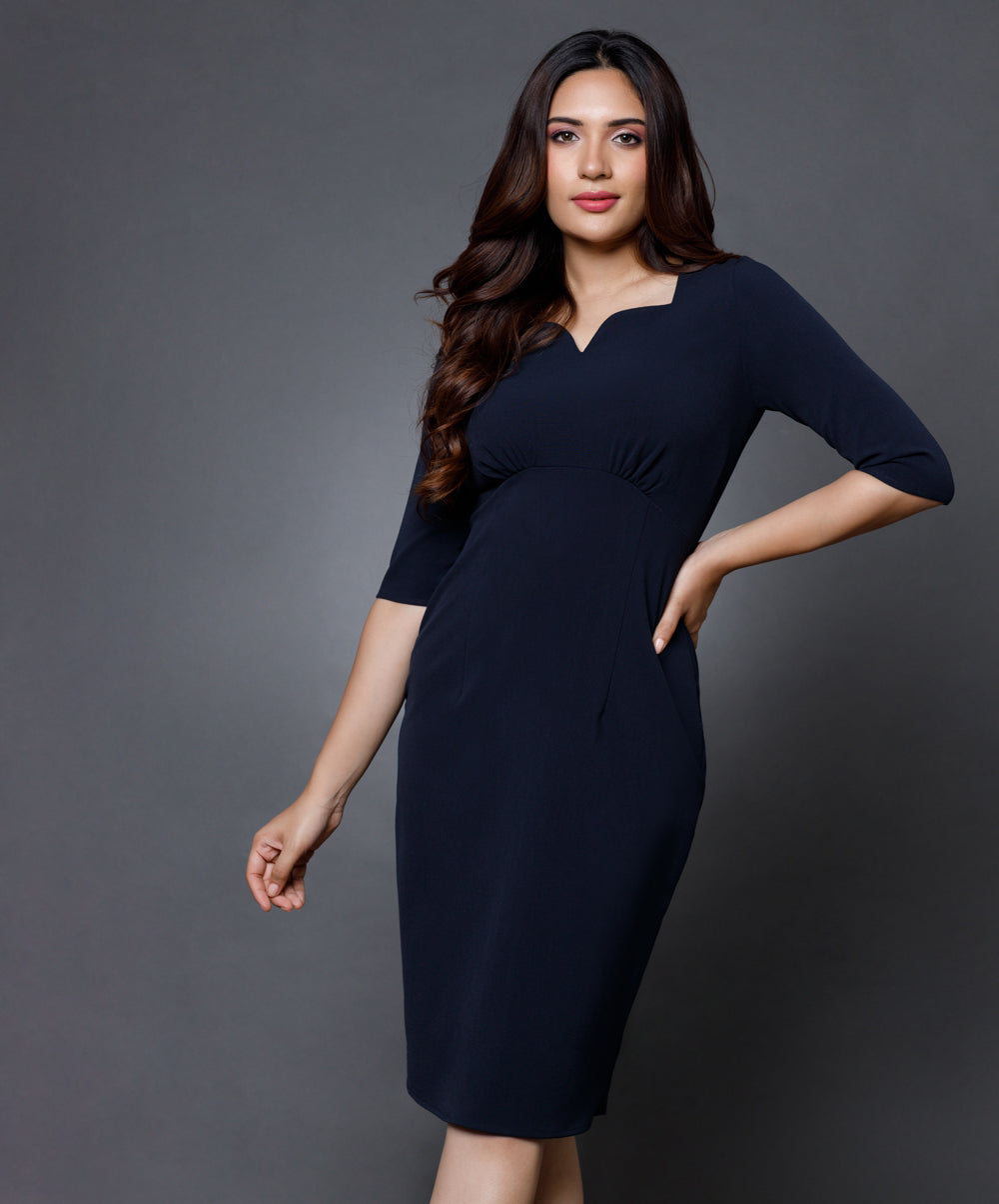 Sweetheart Neckline Sleeved Navy Dress