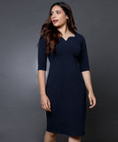 Sweetheart Neckline Sleeved Navy Dress