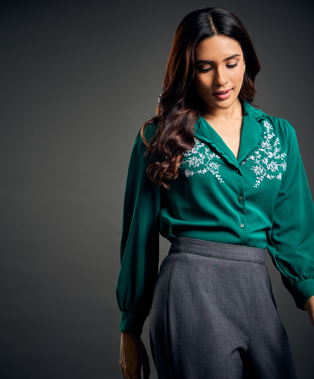 Retro Floral Embroidery Frill Trim Shirt