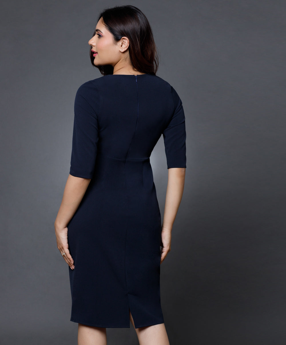 Sweetheart Neckline Sleeved Navy Dress