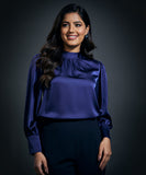High Neck Long Sleeve Button Detailed Satin Top-Navy