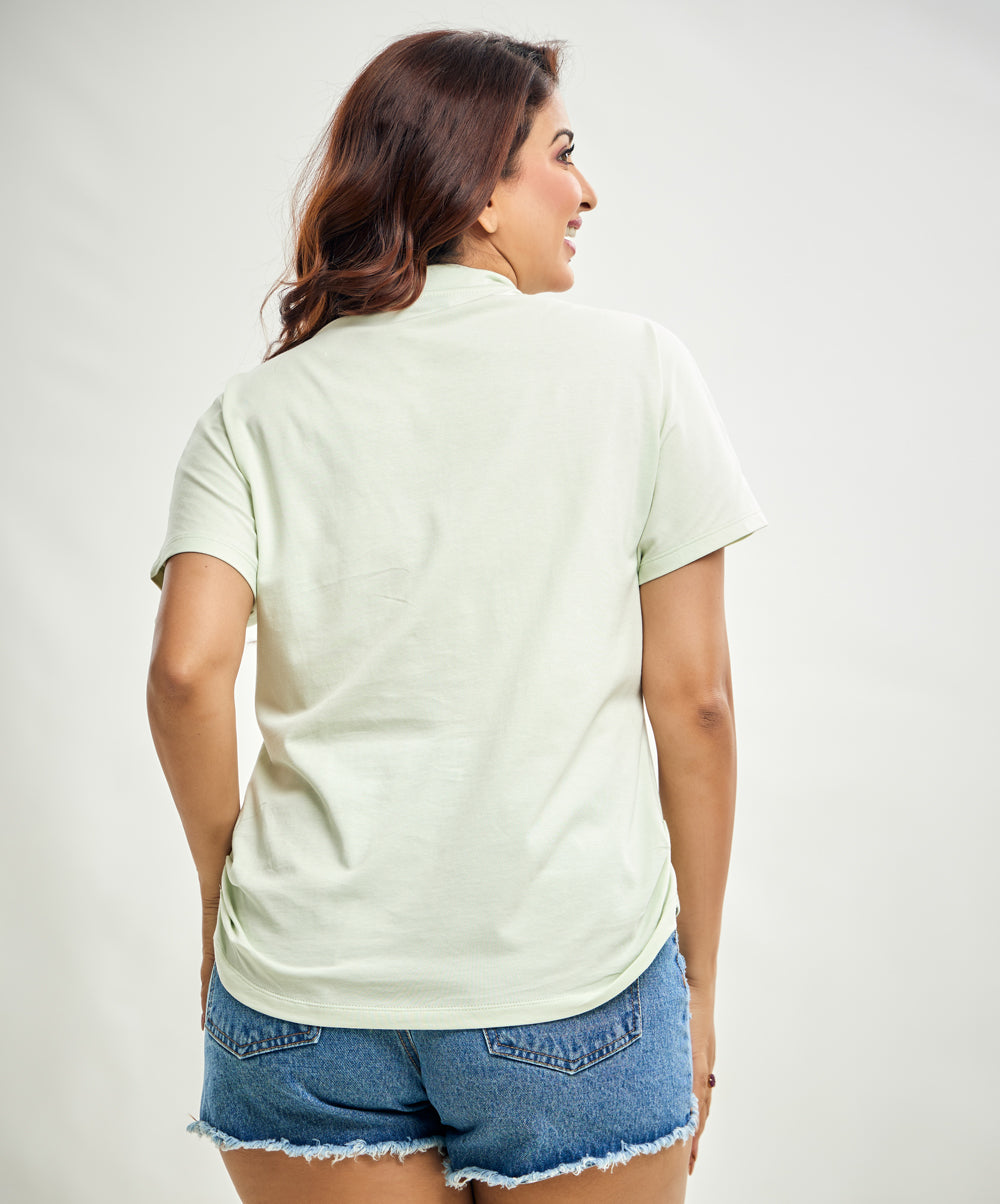 Side Gathered Crew Neck Tshirt- Light Green