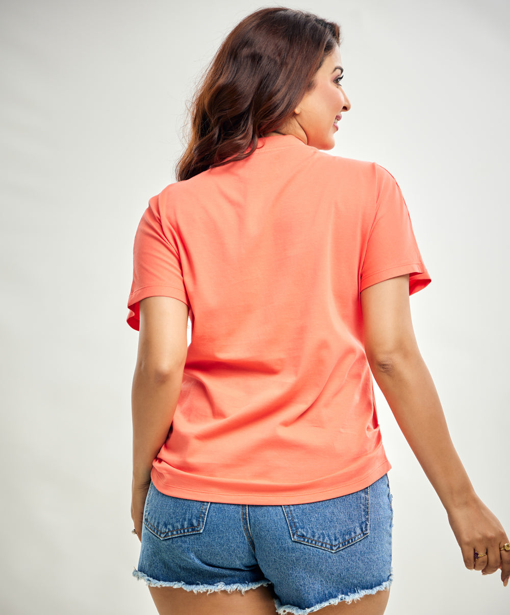 Side Gathered Crew Neck Tshirt- Peach