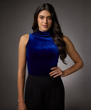 high neck sleeveless velvet top royal blue