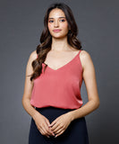 Vneck Satin Cami Top With The Straps-Pink