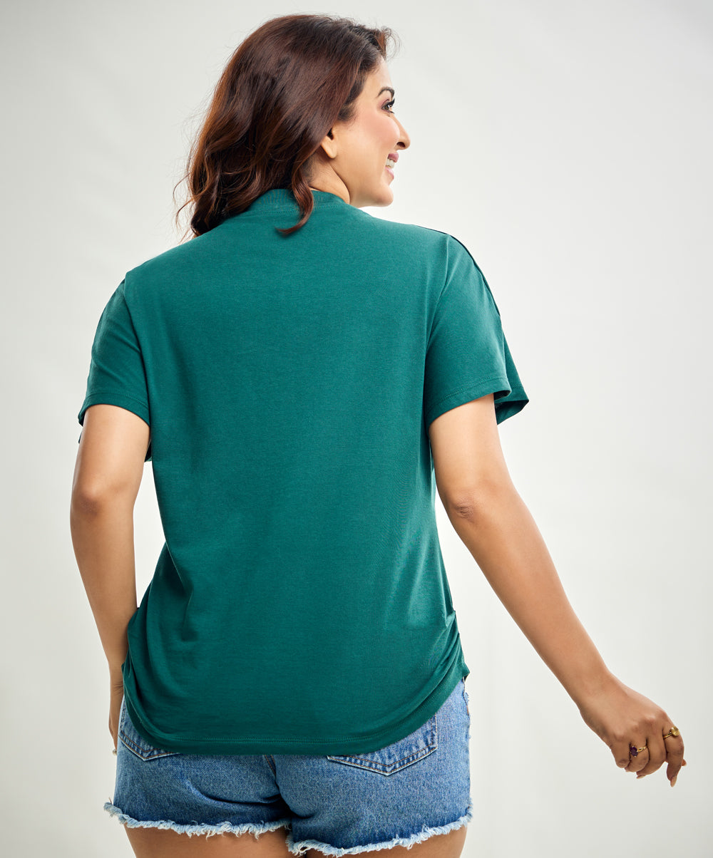 Side Gathered Crew Neck Tshirt- Dark Green