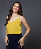 Vneck Satin Cami Top With The Straps-Mustard