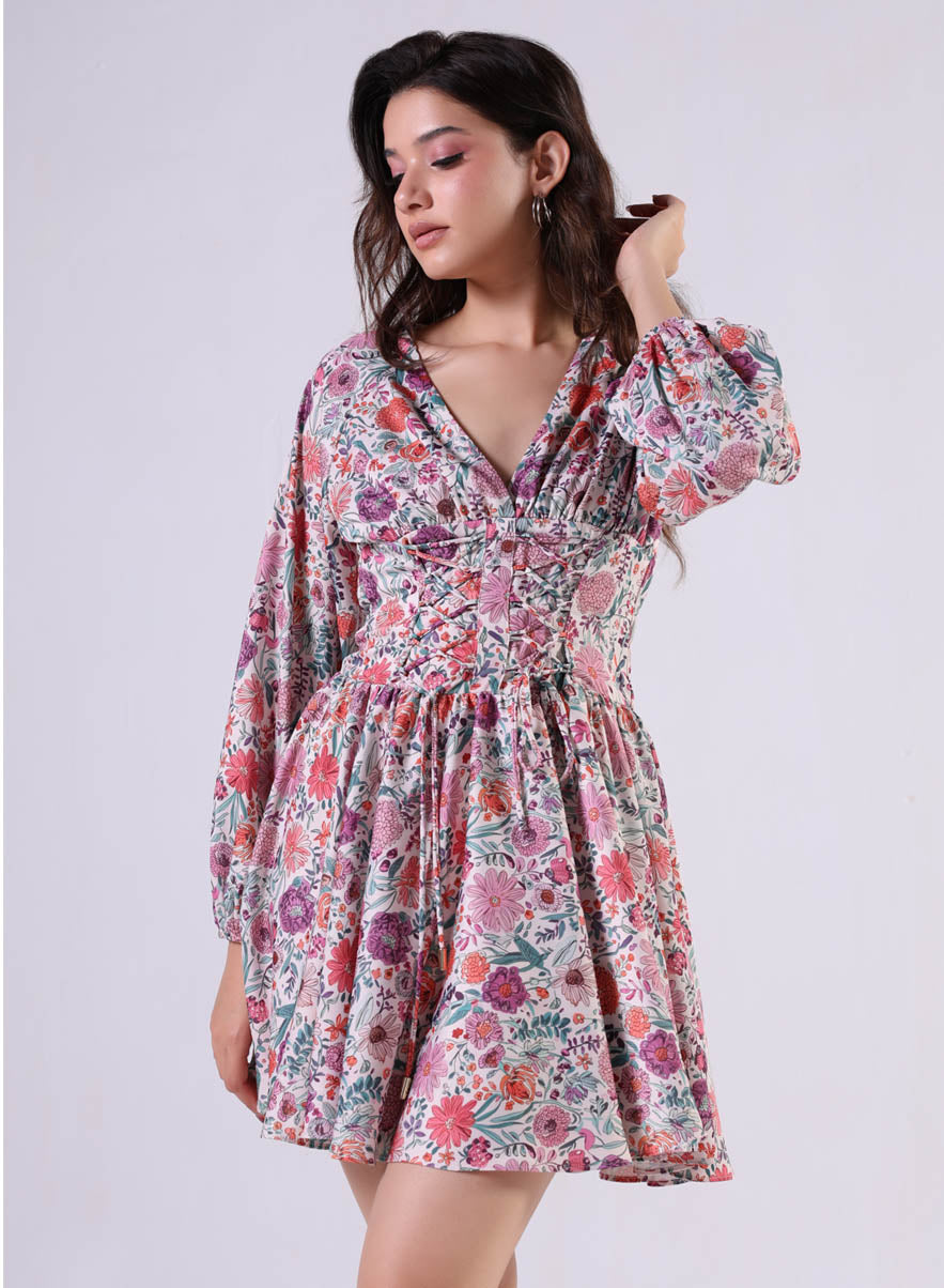 Front Tie Satin Printed Dress