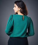 Neck Bow Solid Chiffon Long Sleeve Green Top