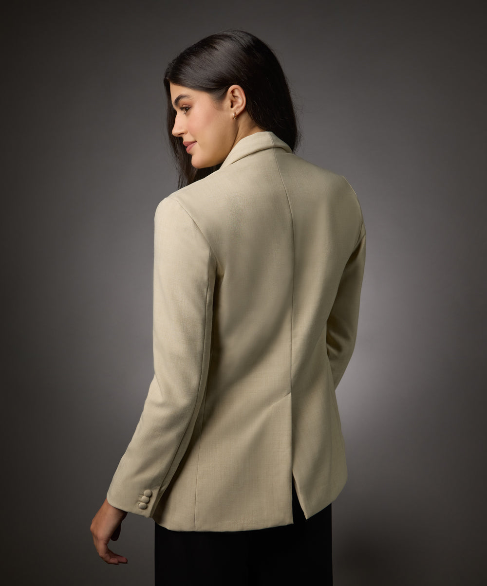 Long Sleeve Formal Blazer With Pockets-Beige