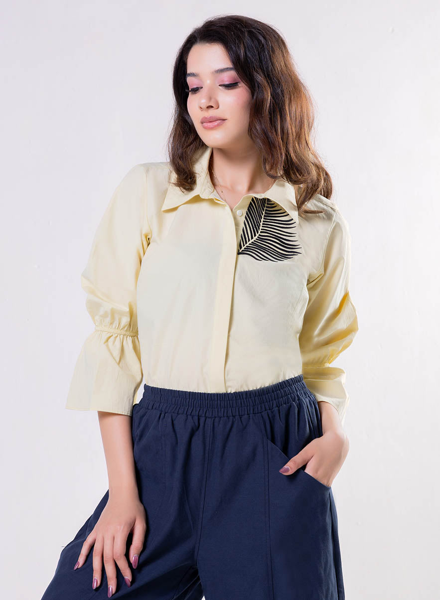 Leaf Embroidered Shirt Top-Yellow