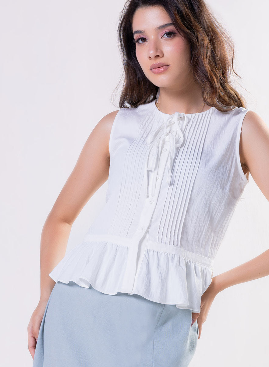 Sleeveless Pintuck Peplum Top  Off White