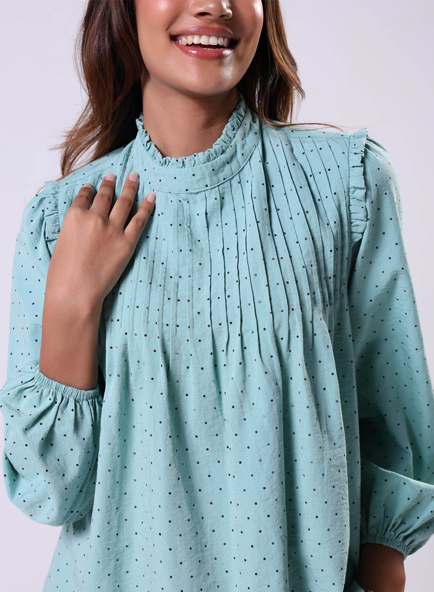 Pintuck Detailed Polka Dot Green Top