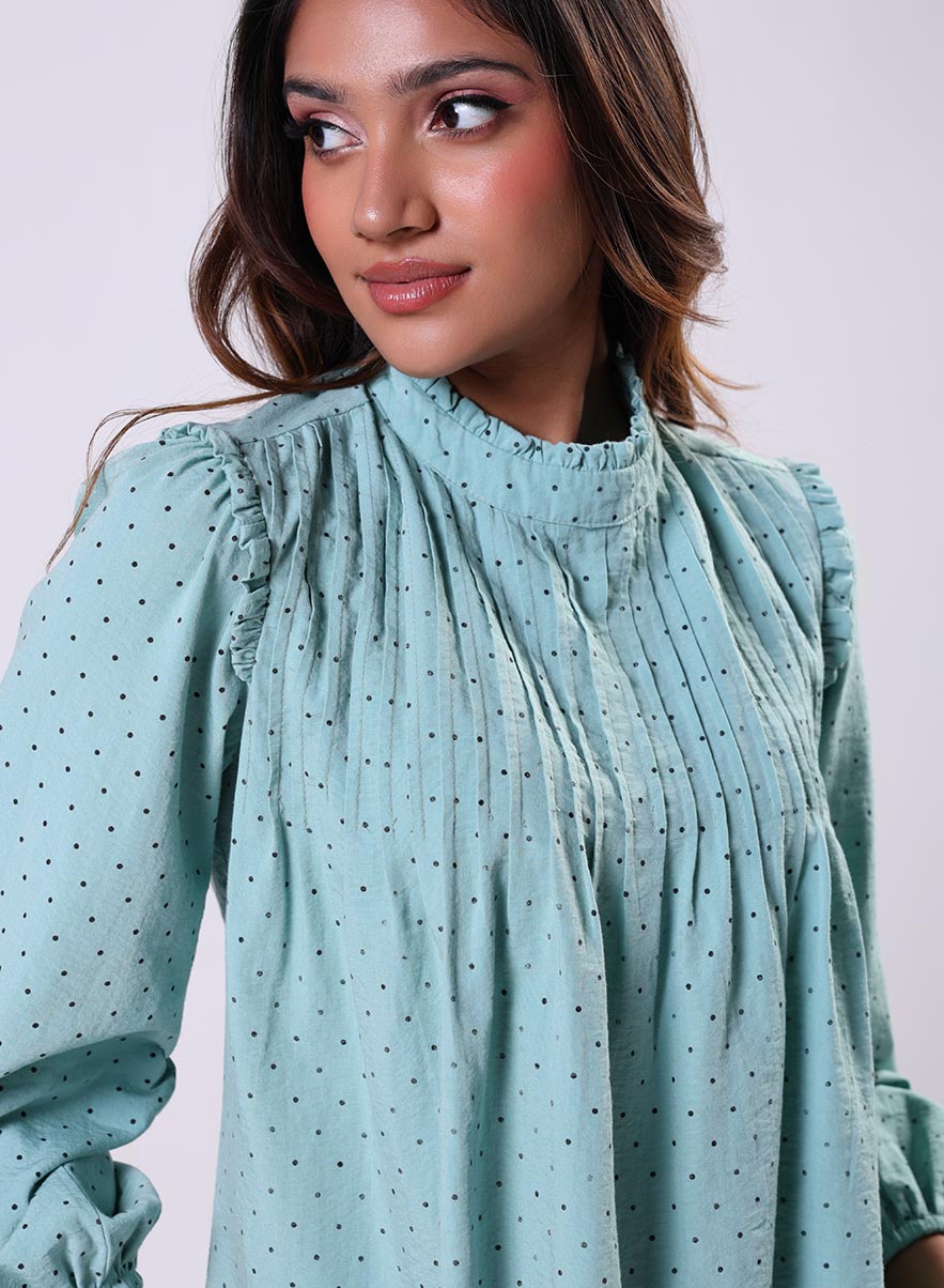 Pintuck Detailed Polka Dot Green Top