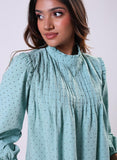 Pintuck Detailed Polka Dot Green Top