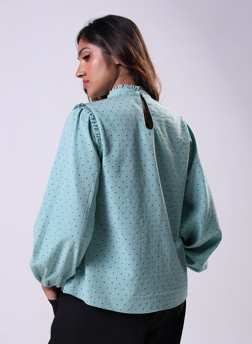 Pintuck Detailed Polka Dot Green Top