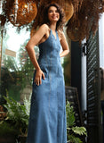 Deep V Neck  Denim Maxi Dress