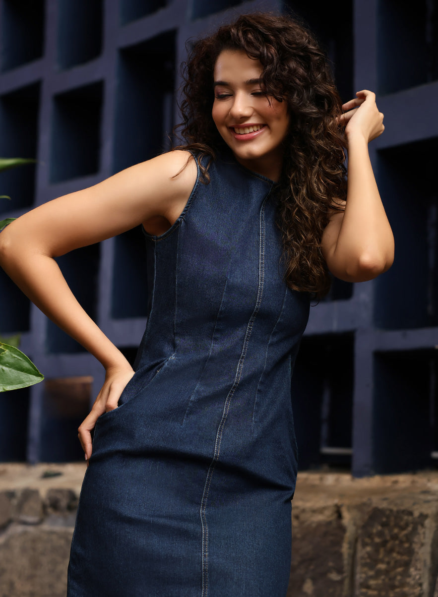 Sleeveless Bodycon Denim Dress With Dart
