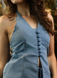 Halter Neck Deep V Denim Top
