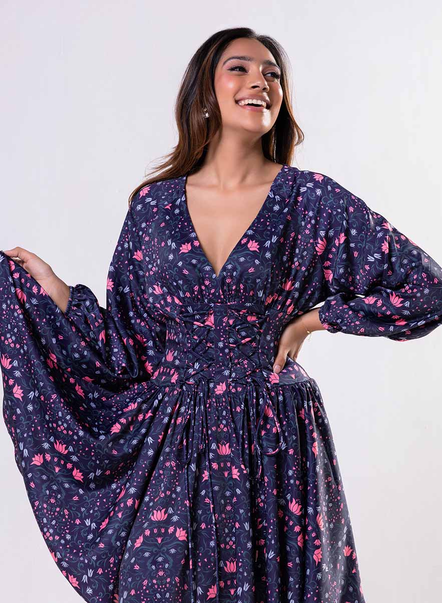 Front Tie Satin Printed Blue Dress