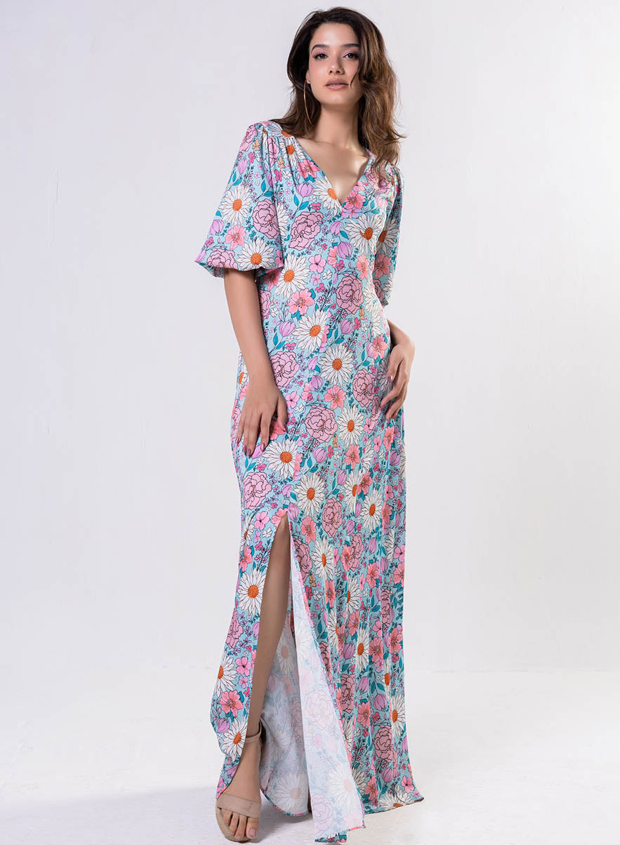 Curved V Neck Paneled Satin Printed Dress