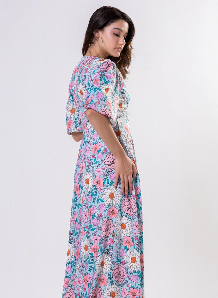 Curved V Neck Paneled Satin Printed Dress