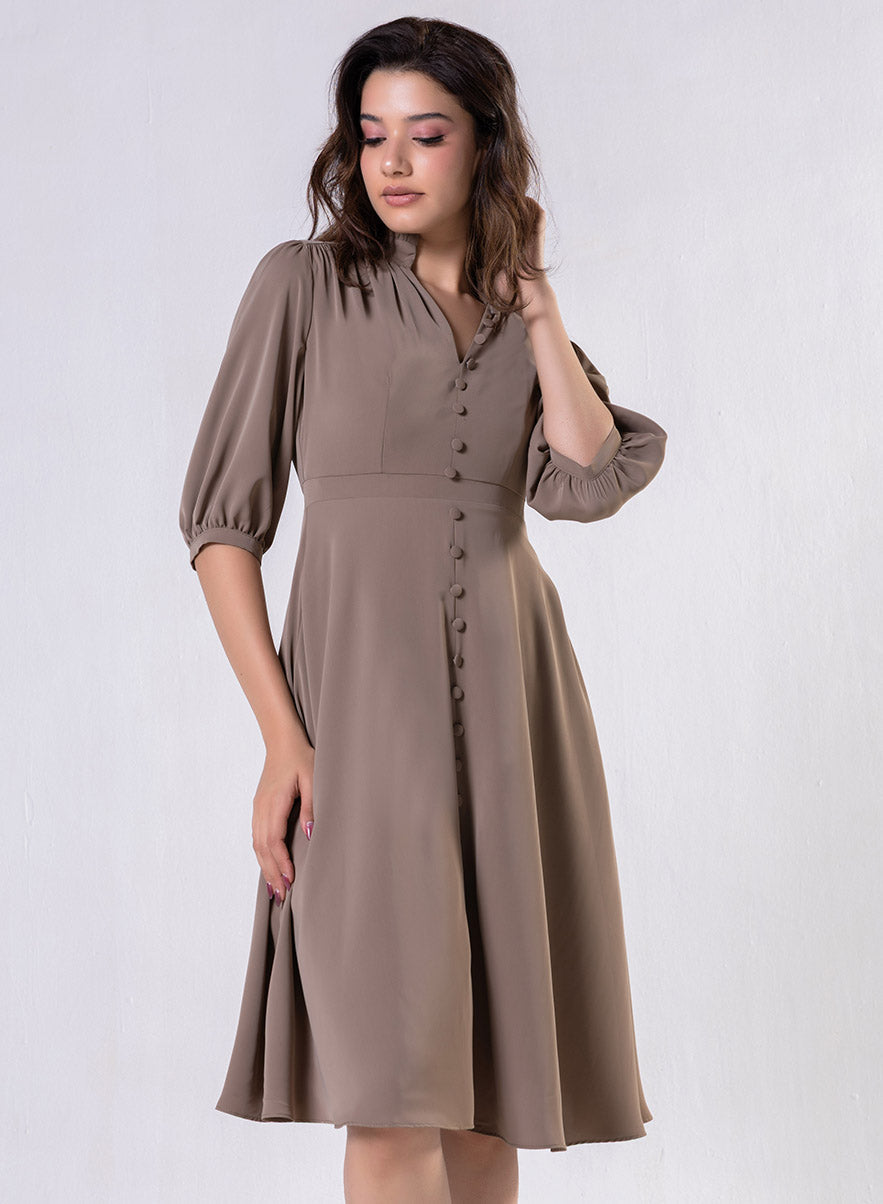Front Buttoned Solid Chiffon Dress