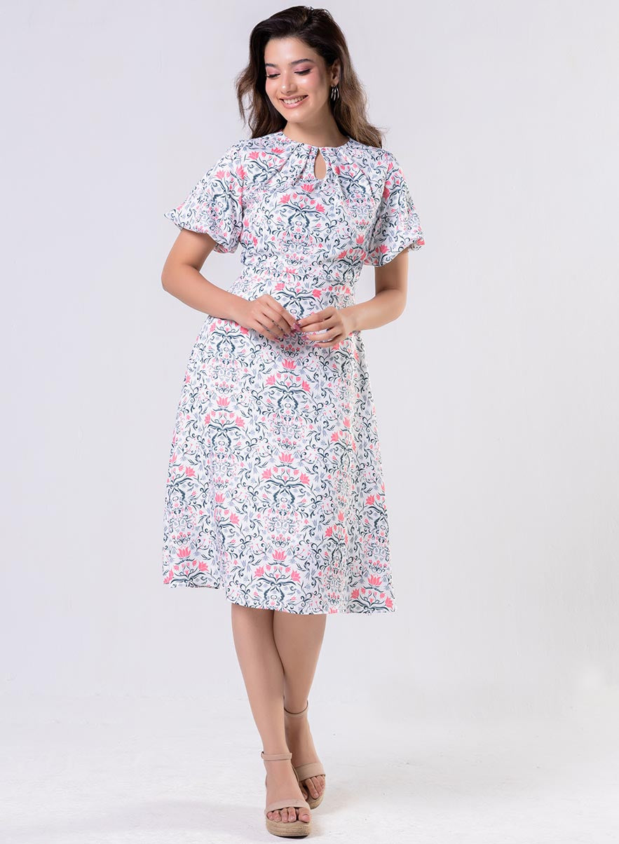 Neck Pleated Printed Satin Dress