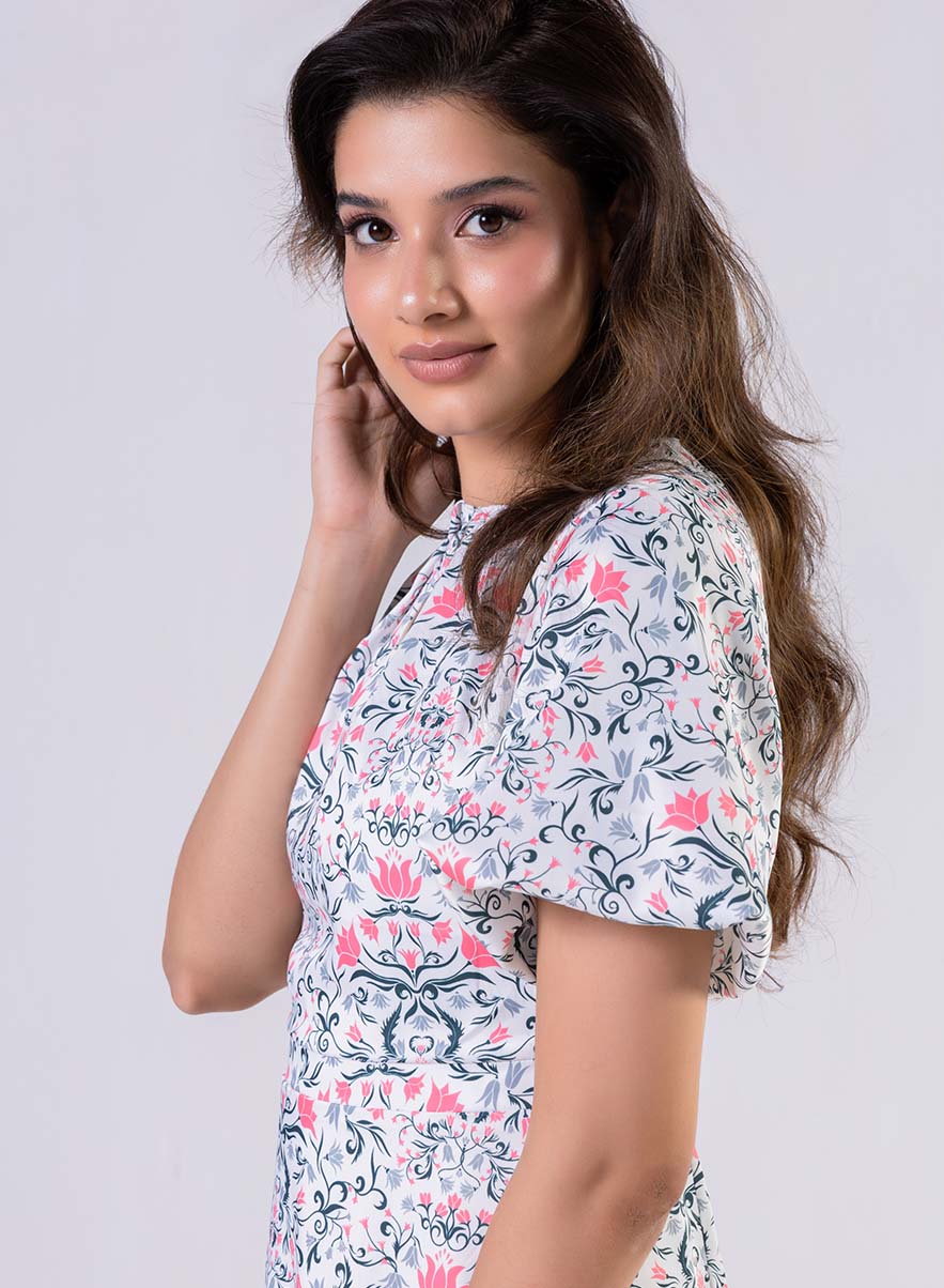 Neck Pleated Printed Satin Dress