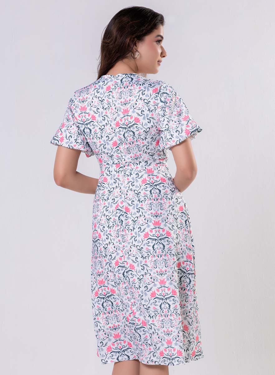 Neck Pleated Printed Satin Dress