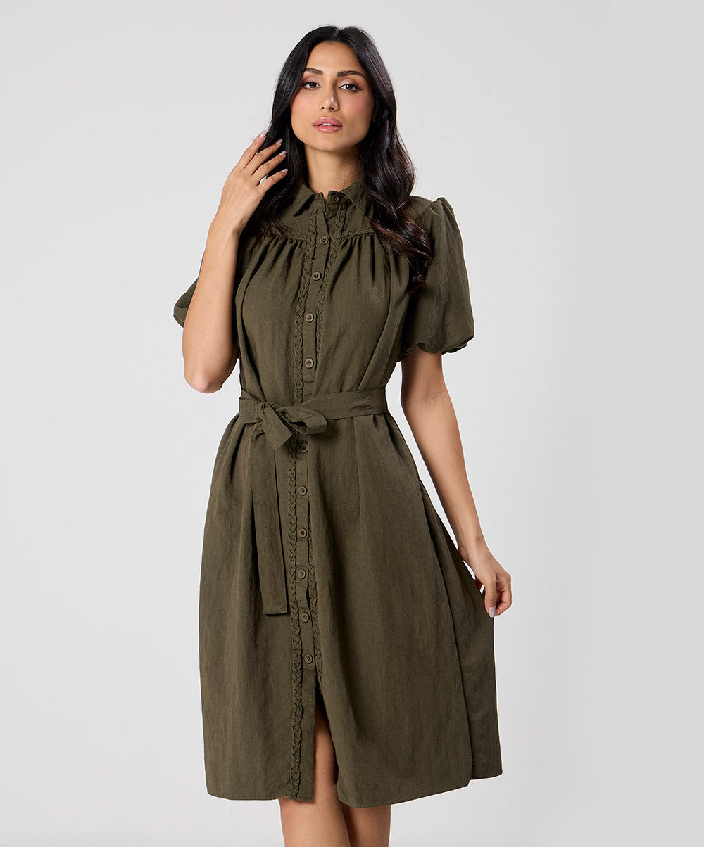 Trim Detailed Buckle Attached Green Dress