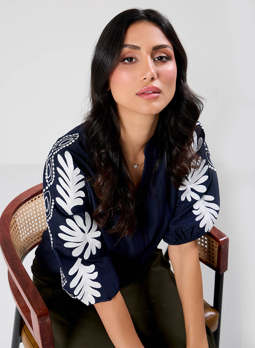 White Embroidered Black Top
