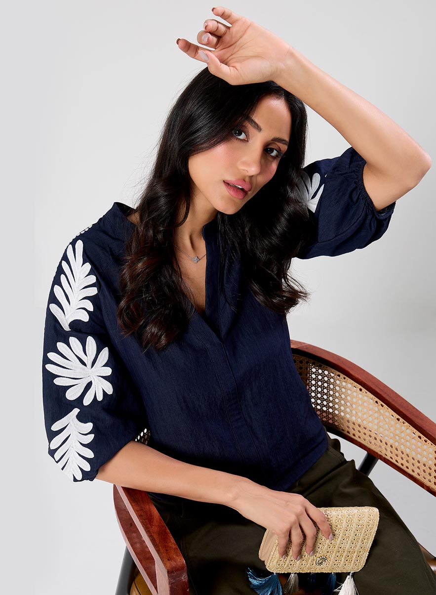 White Embroidered Black Top
