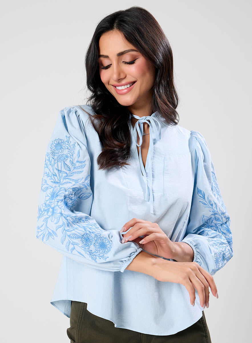 Side Sleeve Embroidered Blue Casual Top