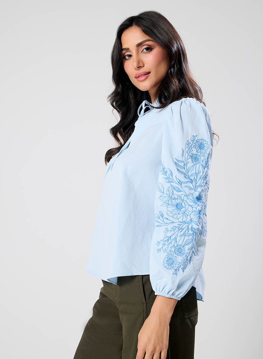 Side Sleeve Embroidered Blue Casual Top