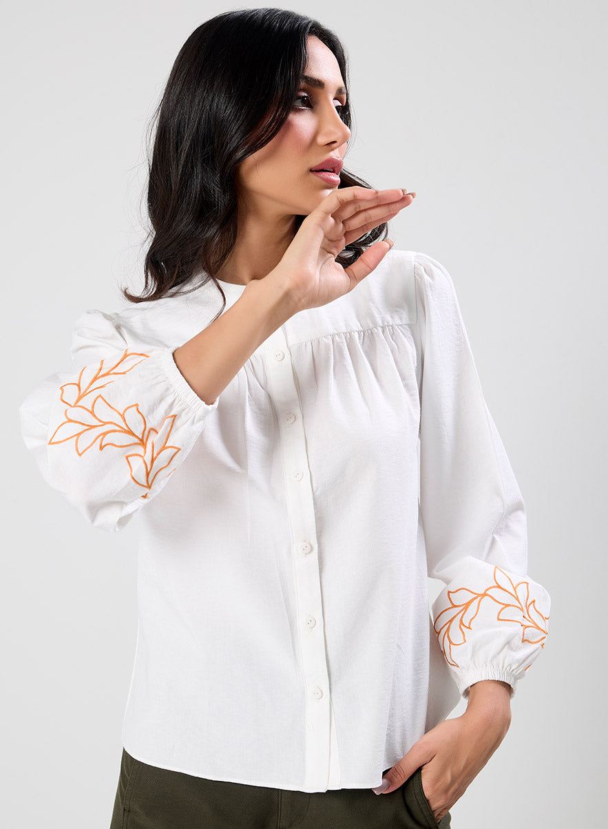 Mandarin Collar Sleeve Embroidered Long Sleeve Top