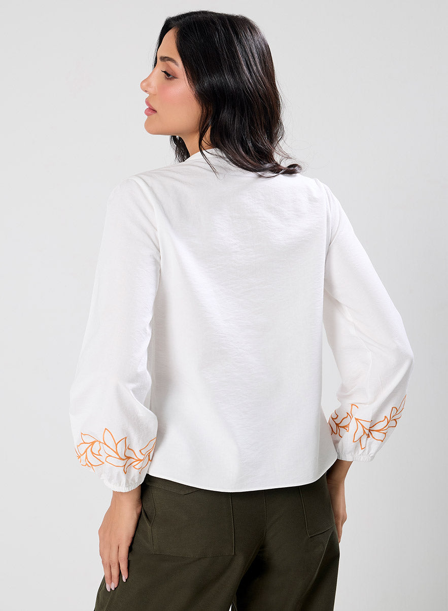 Mandarin Collar Sleeve Embroidered Long Sleeve Top