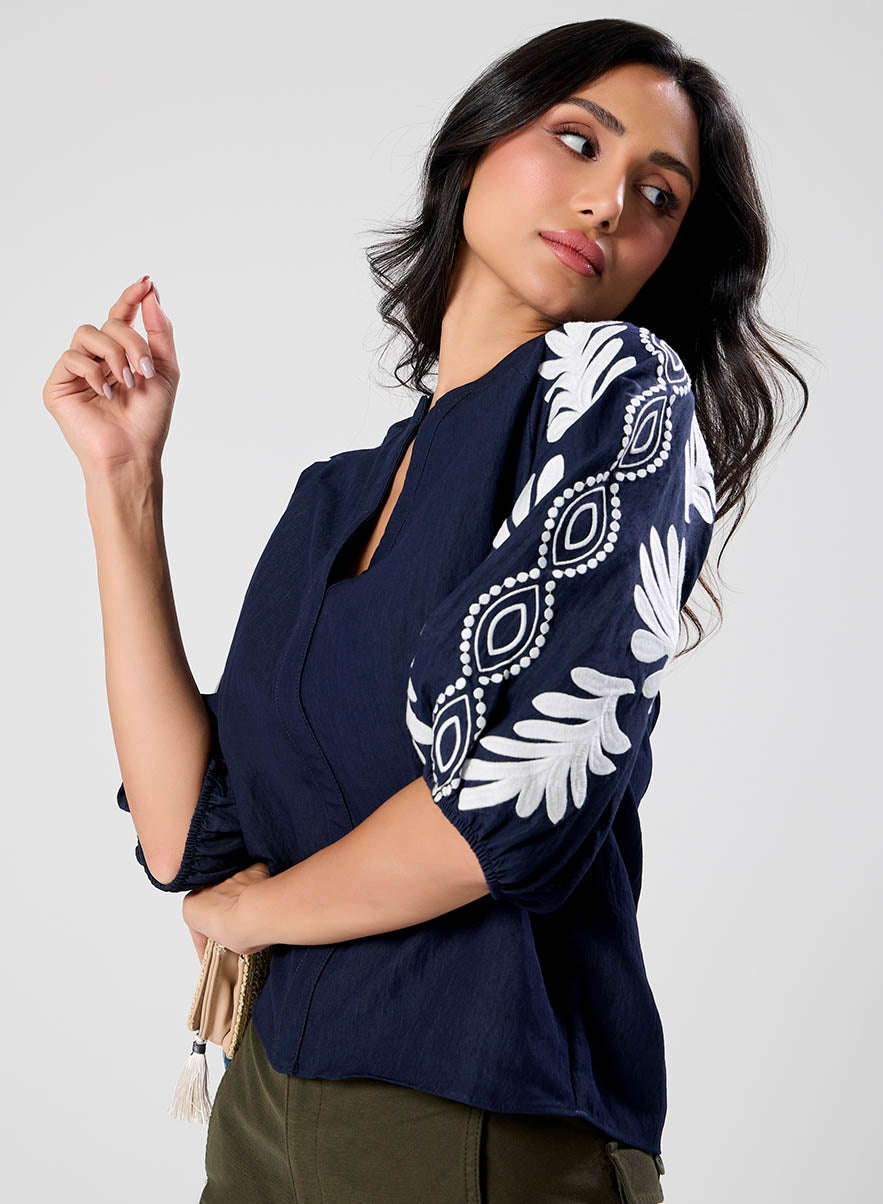 White Embroidered Black Top
