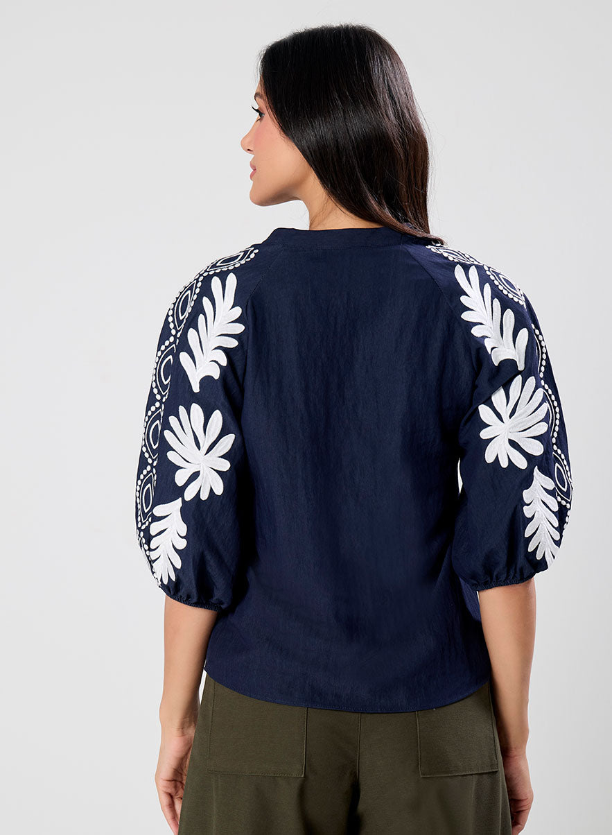 White Embroidered Black Top