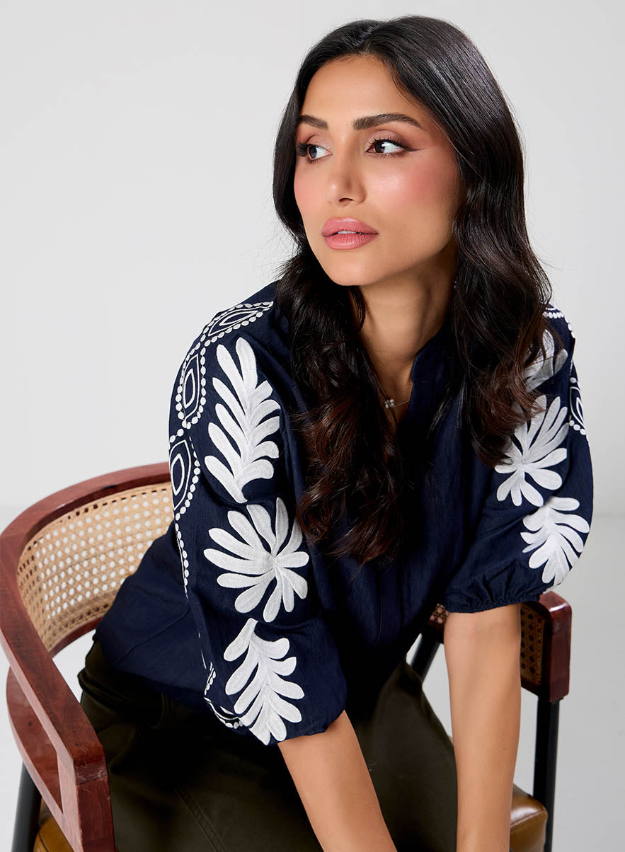 White Embroidered Black Top
