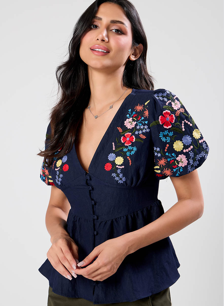 Deep V Neck Embroidered Top