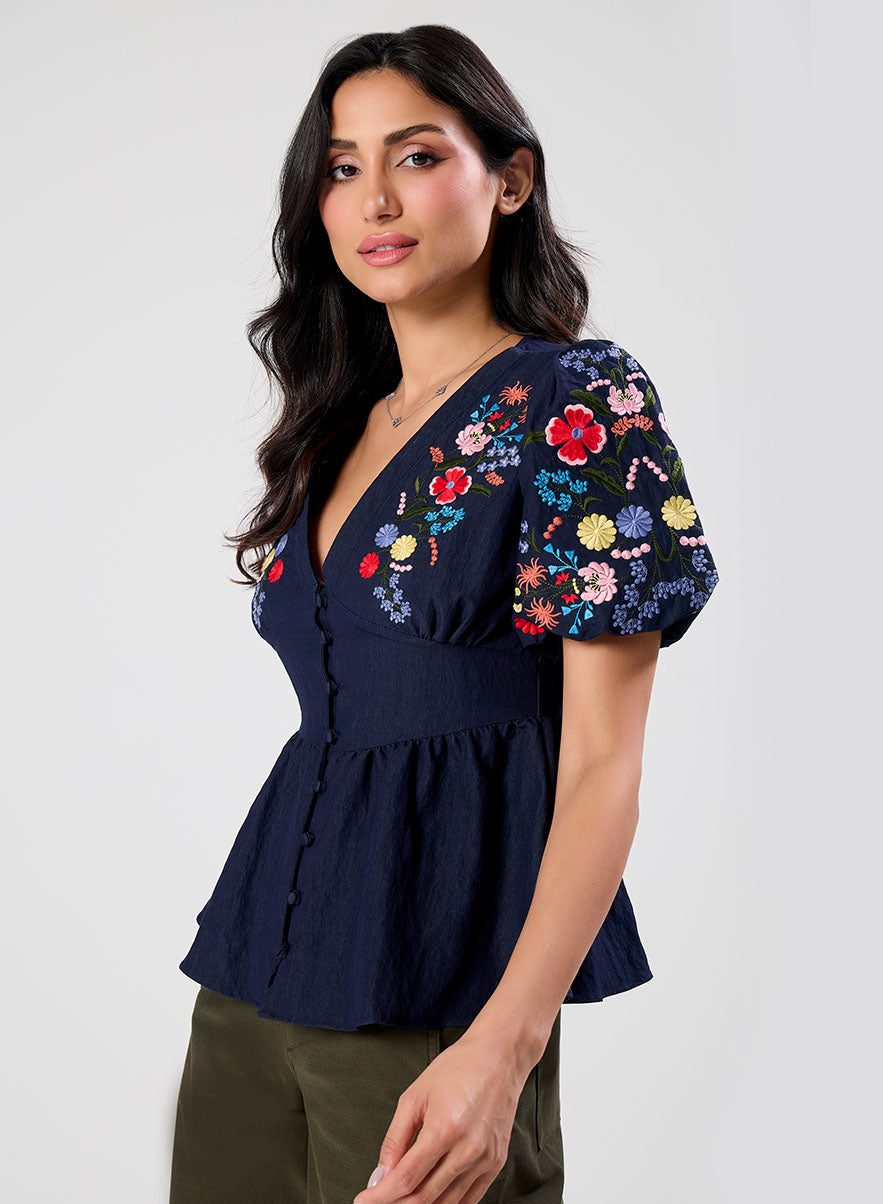 Deep V Neck Embroidered Top