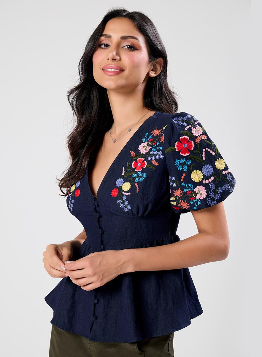 Deep V Neck Embroidered Top