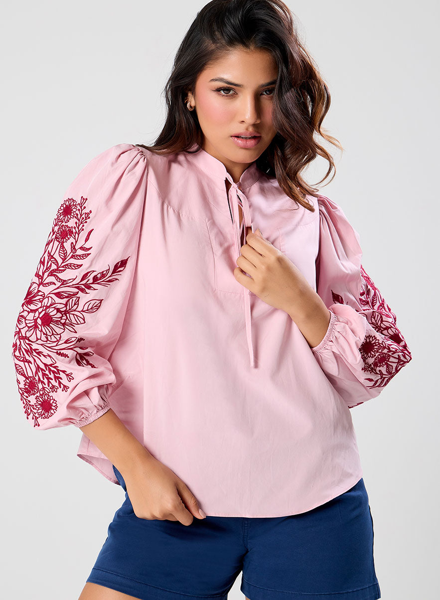 Side Sleeve Embroidered Casual Top