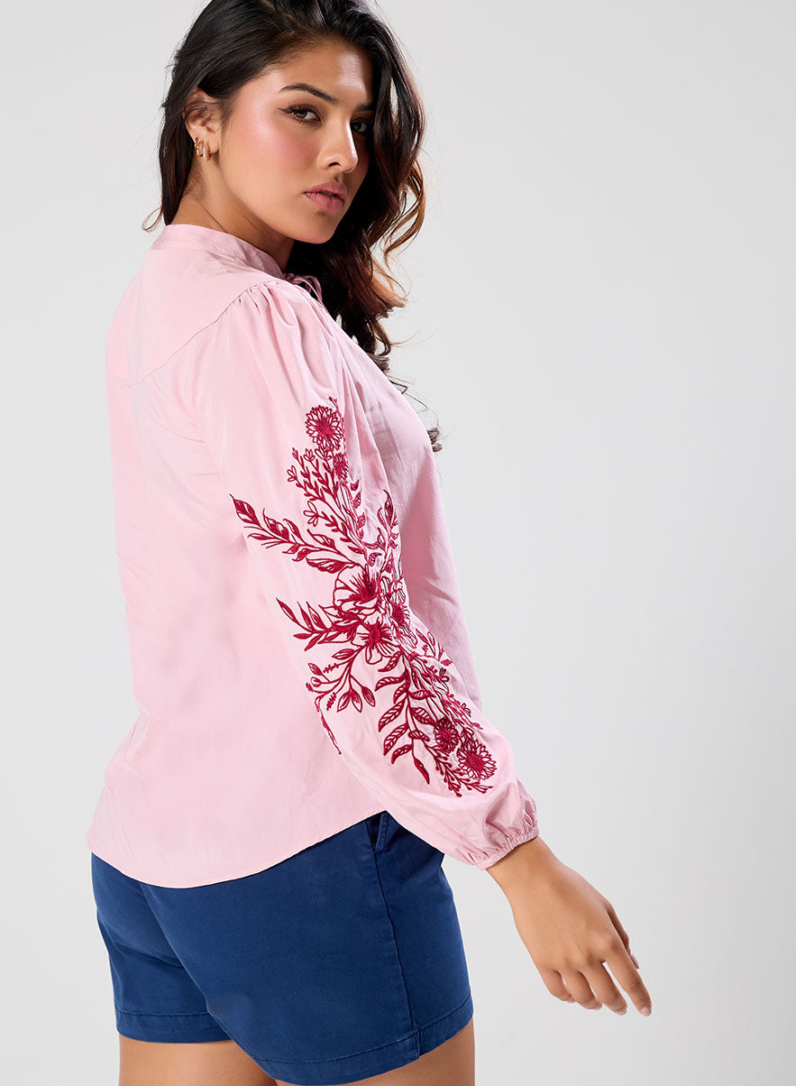 Side Sleeve Embroidered Casual Top