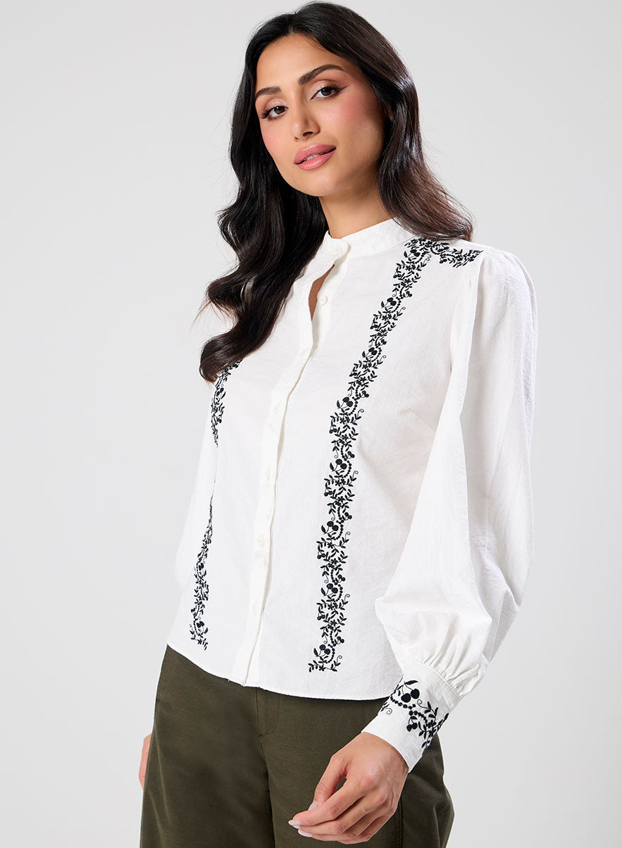 Mandarin Collar Sleeve  Embroidered Top