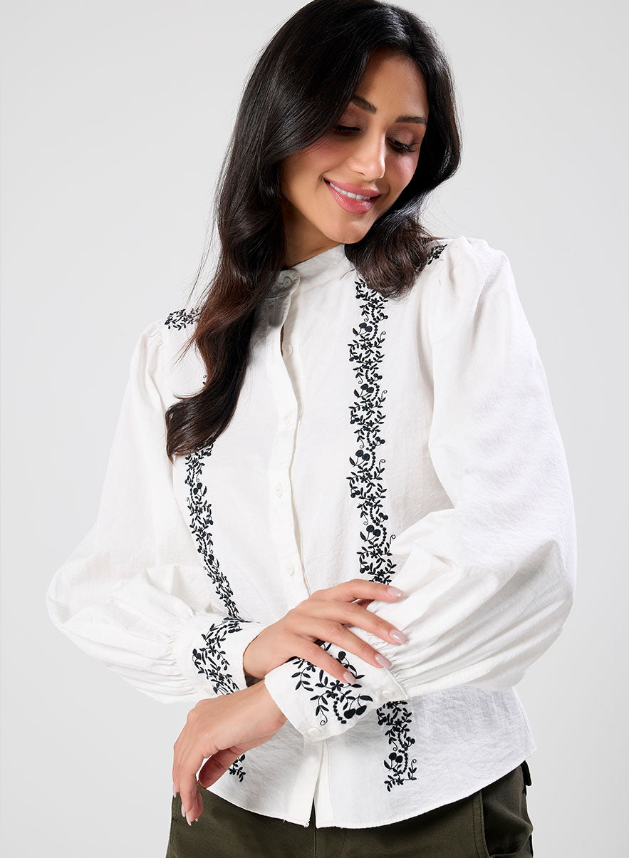 Mandarin Collar Sleeve  Embroidered Top