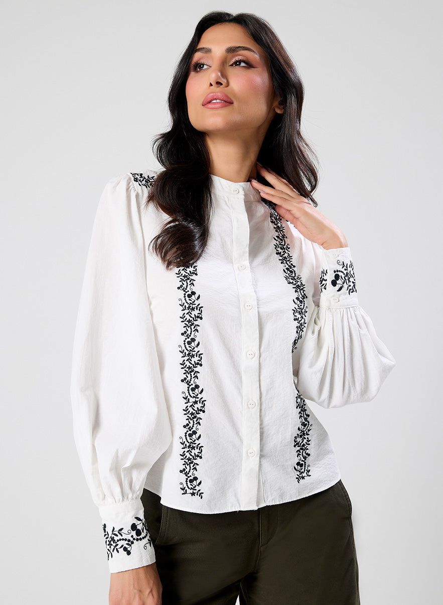 Mandarin Collar Sleeve  Embroidered Top