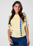 Sleeve And Front Embroidered Three Quarter Sleeve Top