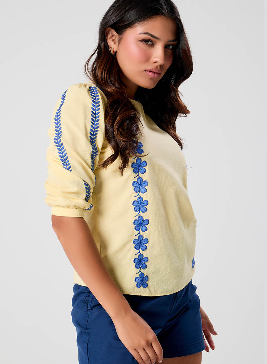 Sleeve And Front Embroidered Three Quarter Sleeve Top